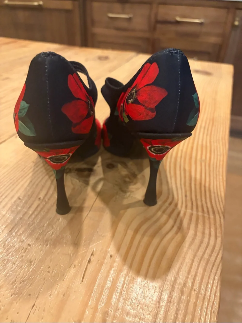 Dolce & Gabbana Black and Red Floral Mary Jane Stiletto Heels with Jewel Accent